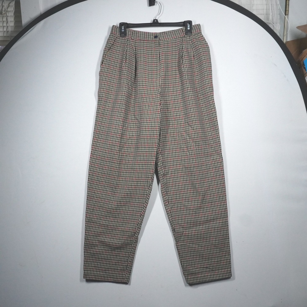 Vtg 80s High Waisted Pleated Check Tapered Trousers Green‎ Red Tan 30W Academia